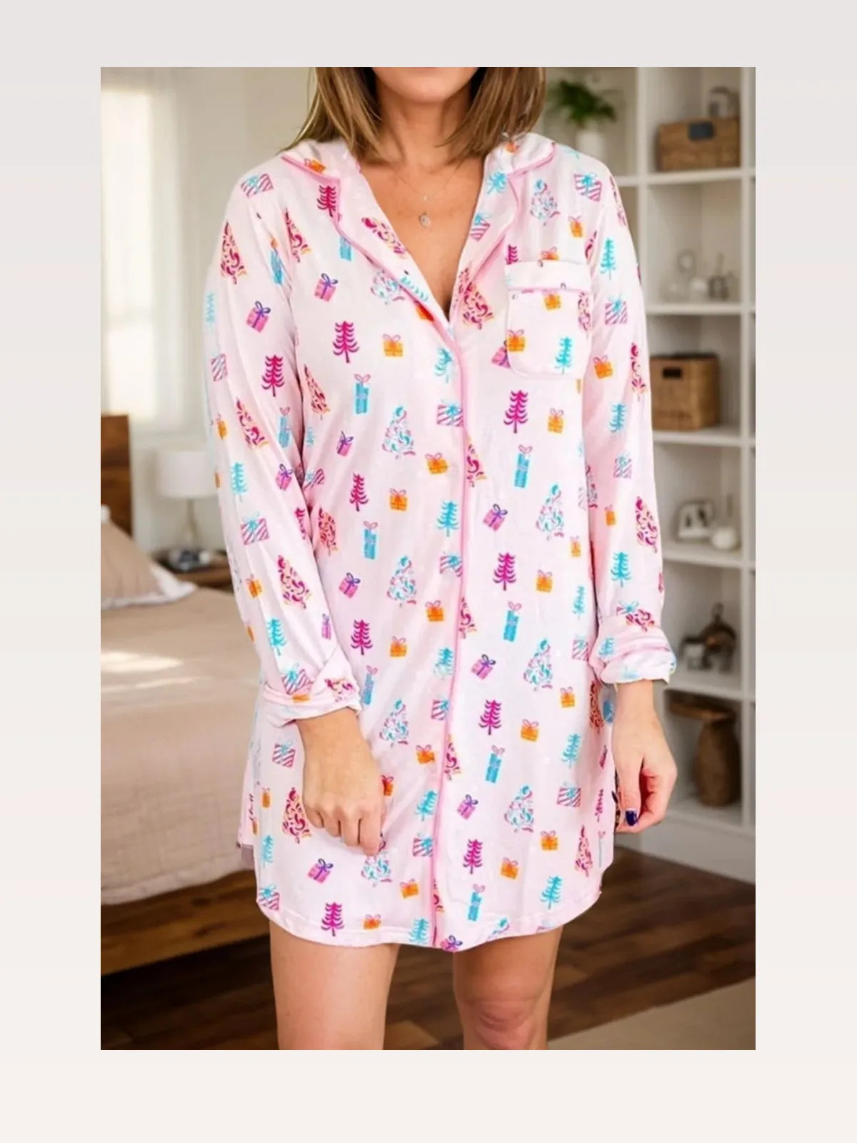 Printed Collared Neck Long Sleeve Lounge Dress — styled showcase — Livostyle