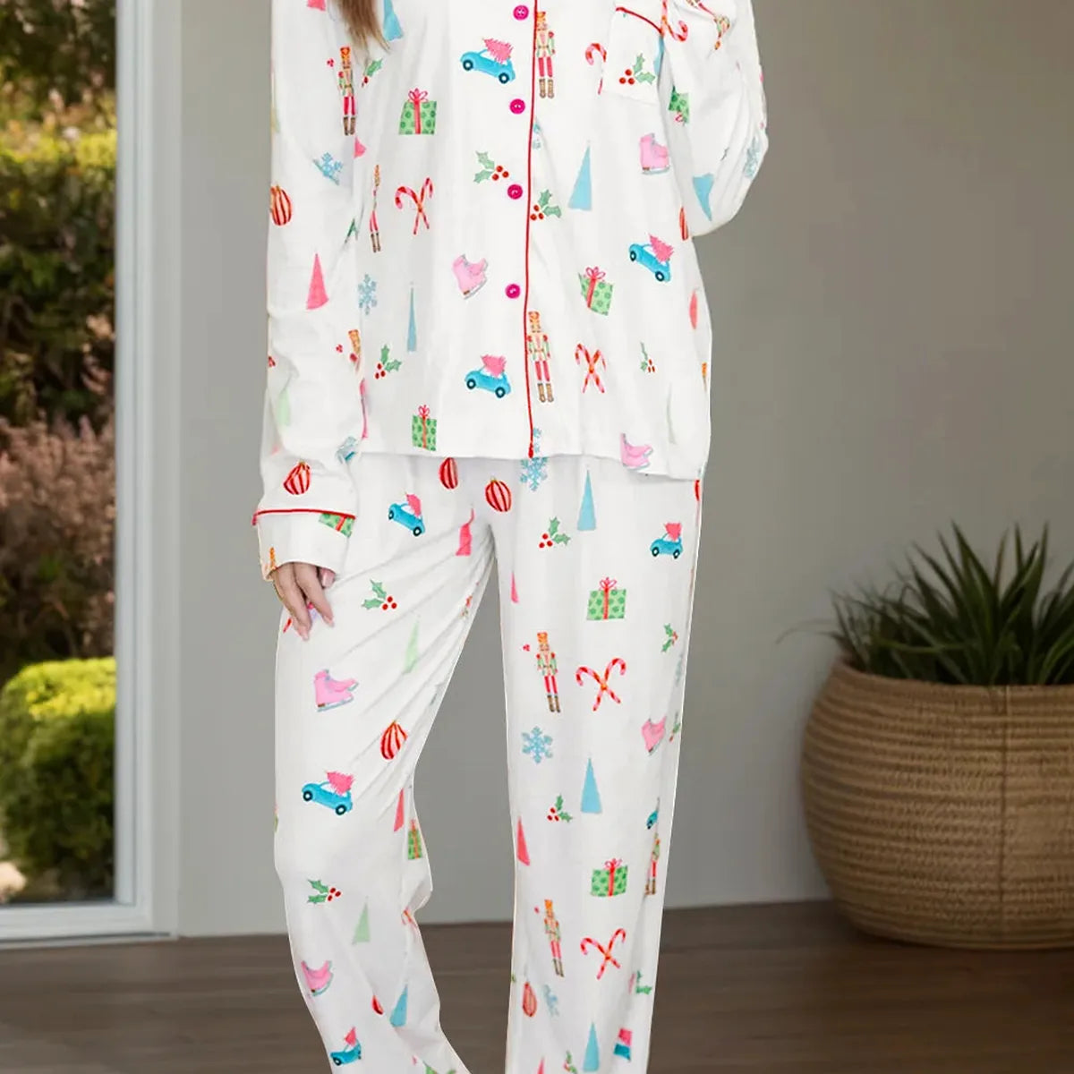 Printed Collared Neck Long Sleeve Top and Pants Lounge Set — square view — Livostyle
