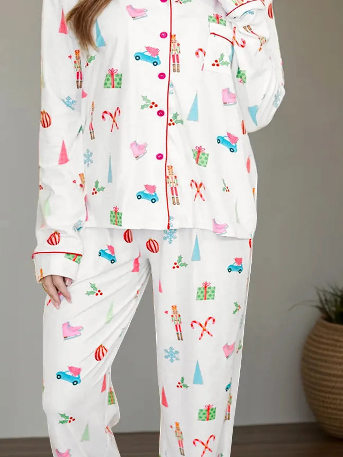 Printed Collared Neck Long Sleeve Top and Pants Lounge Set — detail view — Livostyle