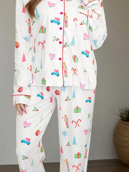 Printed Collared Neck Long Sleeve Top and Pants Lounge Set — detail view — Livostyle