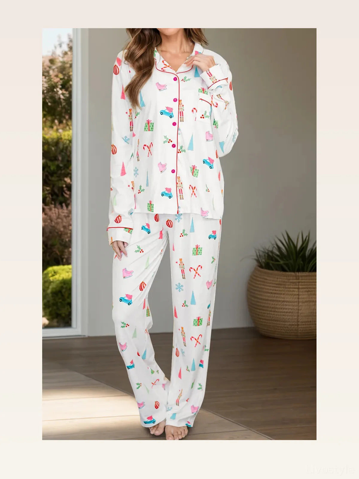 Printed Collared Neck Long Sleeve Top and Pants Lounge Set — styled showcase — Livostyle