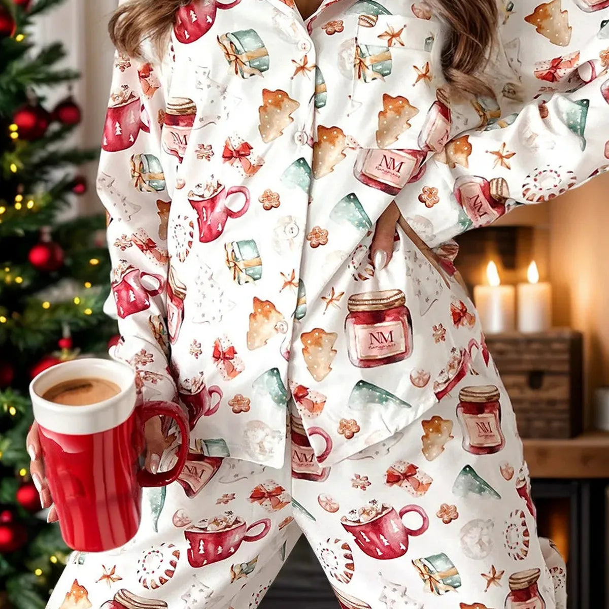 Printed Collared Neck Top and Pants Lounge Set — square view — Livostyle