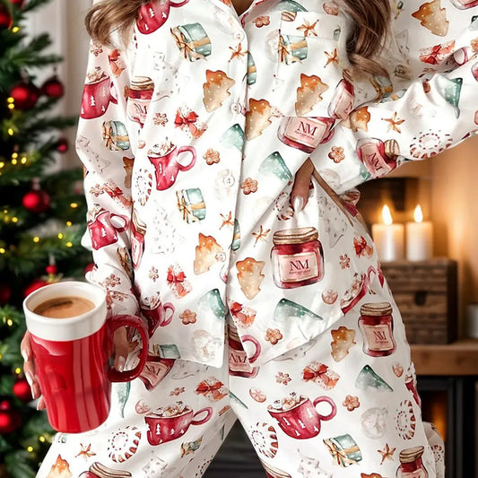 Printed Collared Neck Top and Pants Lounge Set — square view — Livostyle