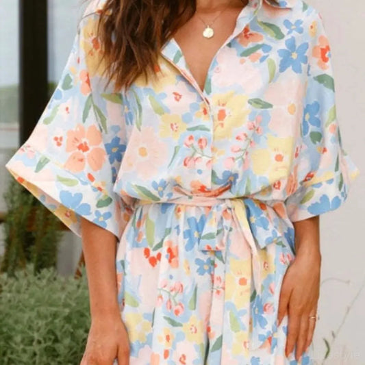 Printed Half Sleeve Tie Waist Romper — square view — Livostyle