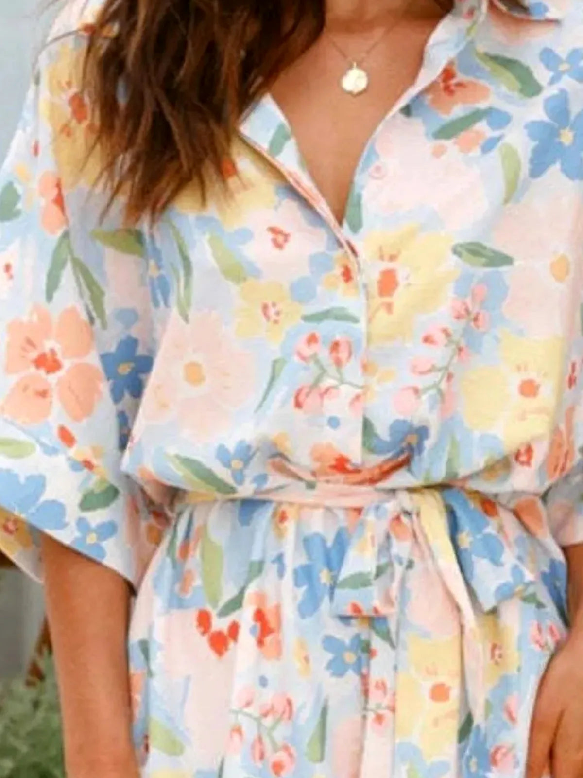 Printed Half Sleeve Tie Waist Romper — detail view — Livostyle