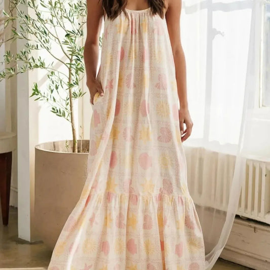 Printed Maxi Lounge Dress with Ruffled Hem — square view — Livostyle
