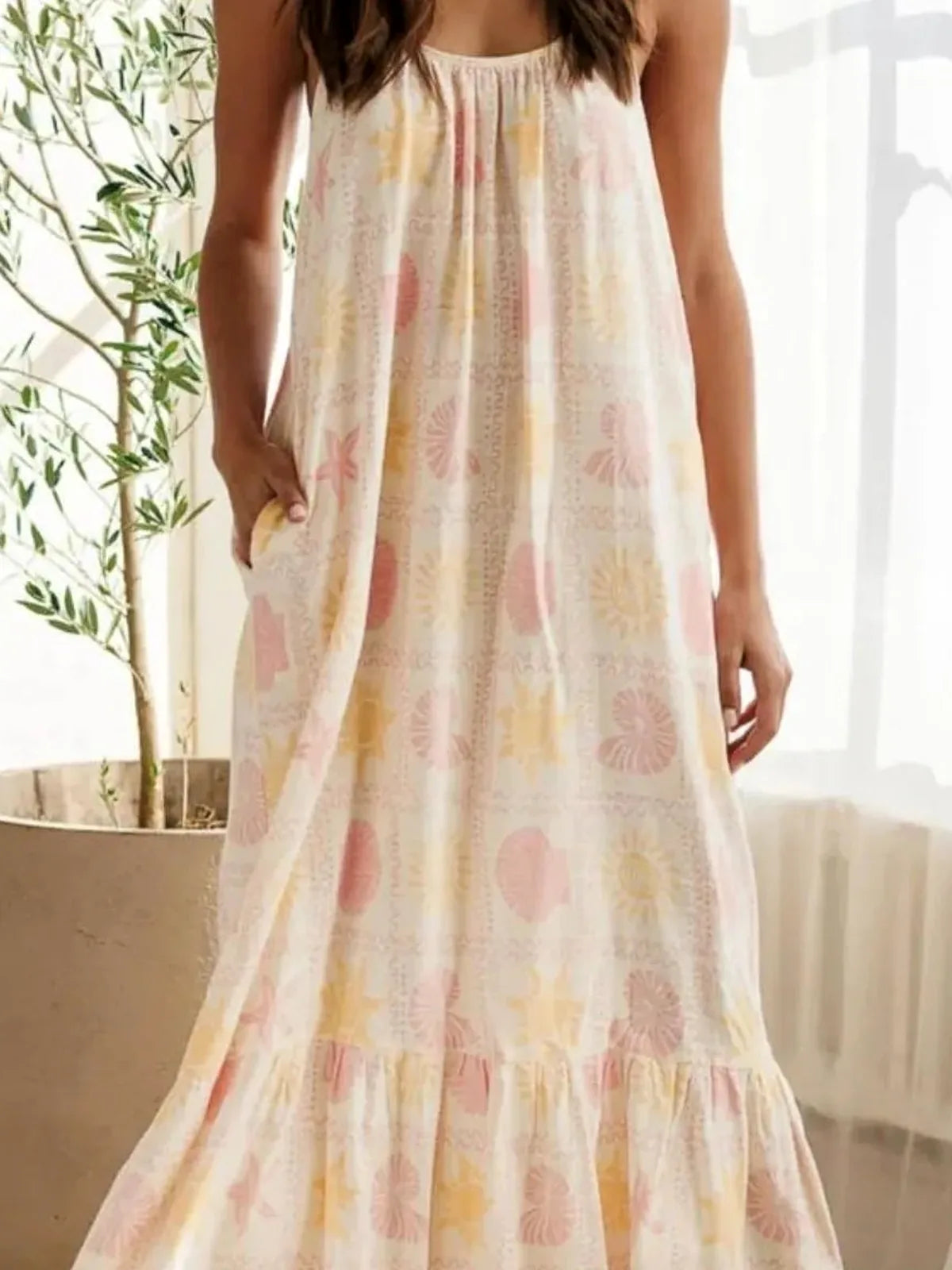 Printed Maxi Lounge Dress with Ruffled Hem — detail view — Livostyle