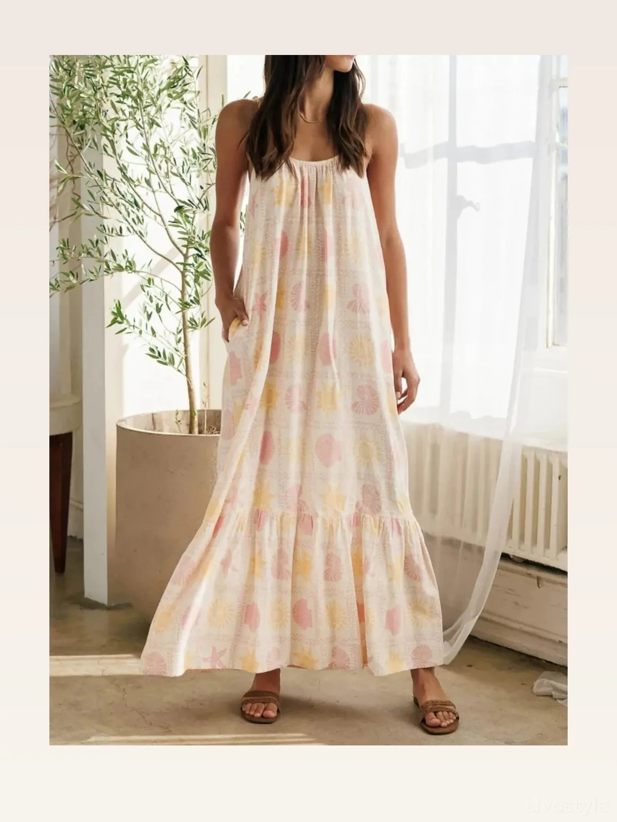 Printed Maxi Lounge Dress with Ruffled Hem — styled showcase — Livostyle