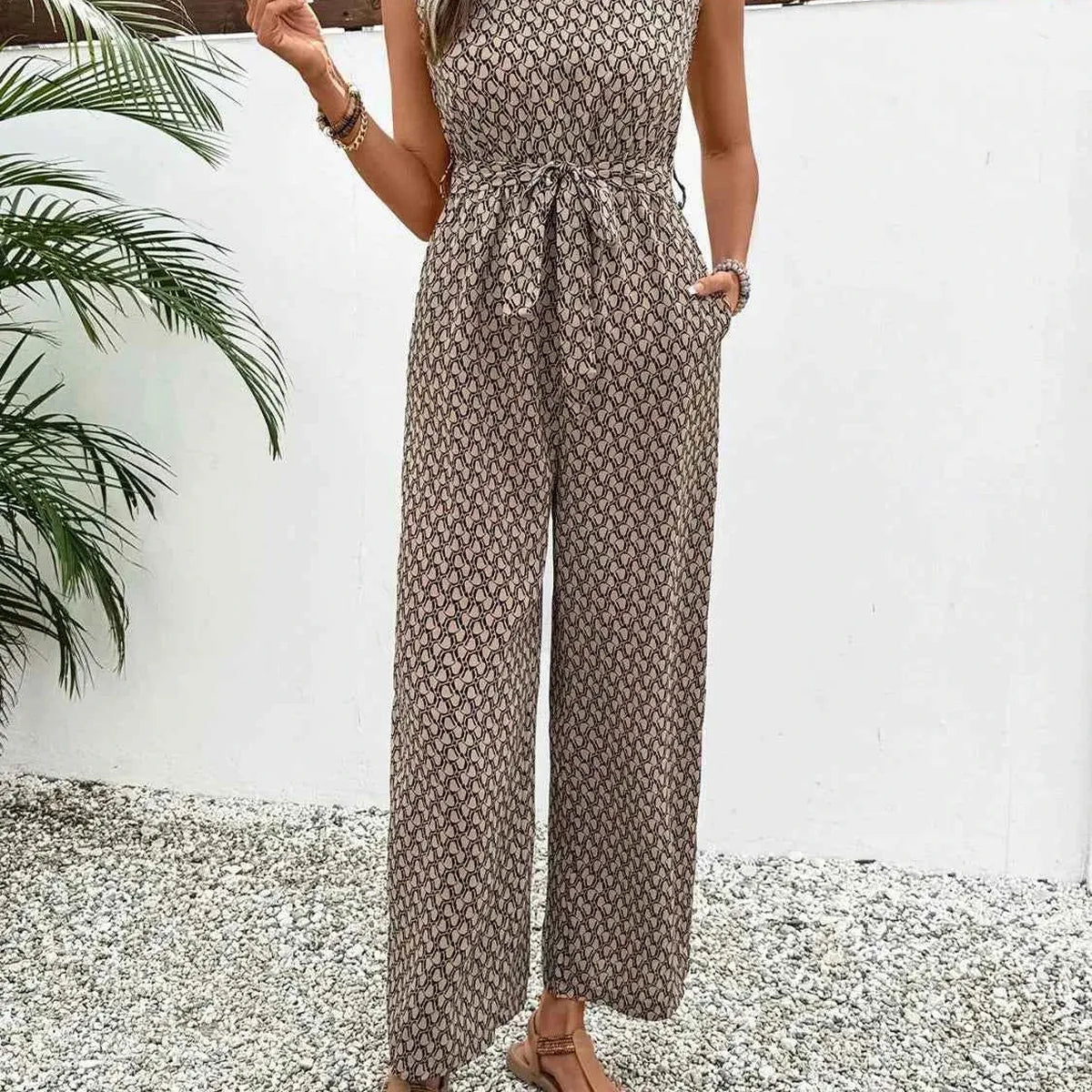Printed Mock Neck Sleeveless Jumpsuit with Tie Waist