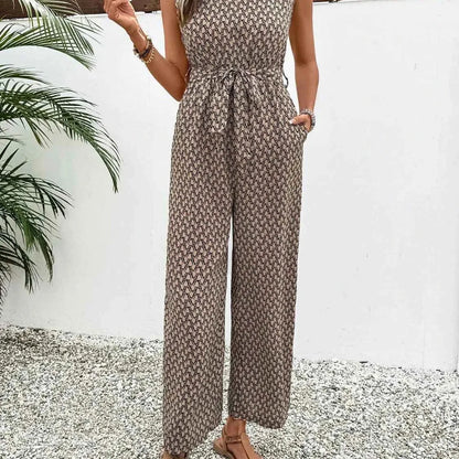Printed Mock Neck Sleeveless Jumpsuit with Tie Waist