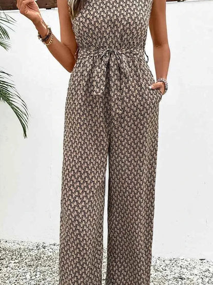 Printed Mock Neck Sleeveless Jumpsuit with Tie Waist – photo 2