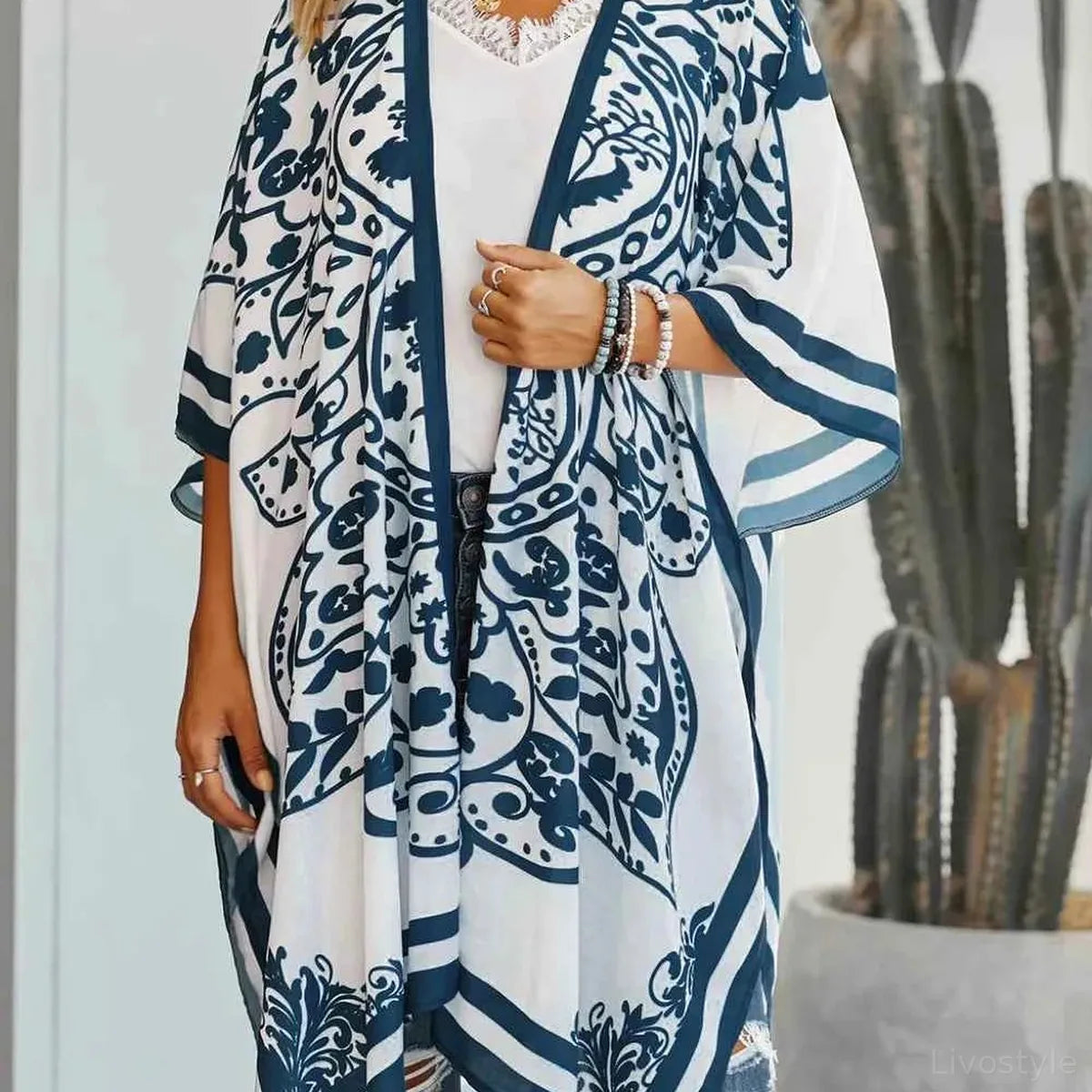White Black Geometric Print Open Front Cover-Up — square view — Livostyle