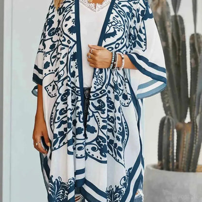 White Black Geometric Print Open Front Cover-Up — square view — Livostyle