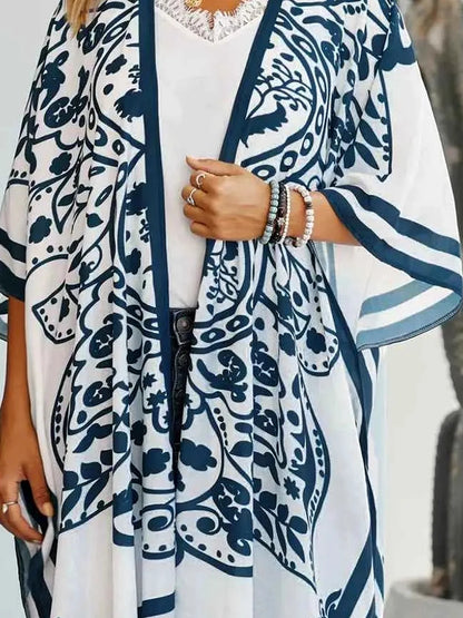 White Black Geometric Print Open Front Cover-Up — detail view — Livostyle