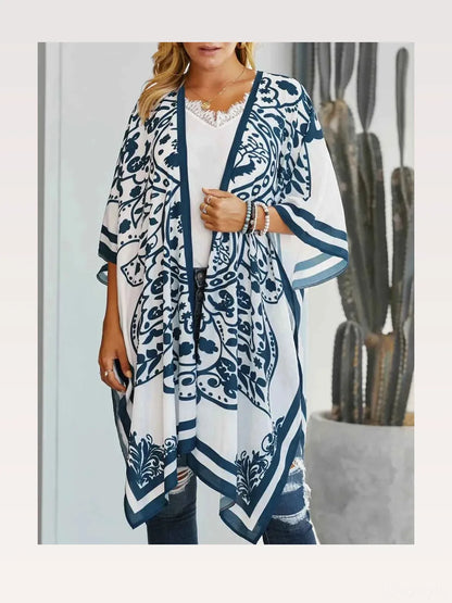 White Black Geometric Print Open Front Cover-Up — styled showcase — Livostyle