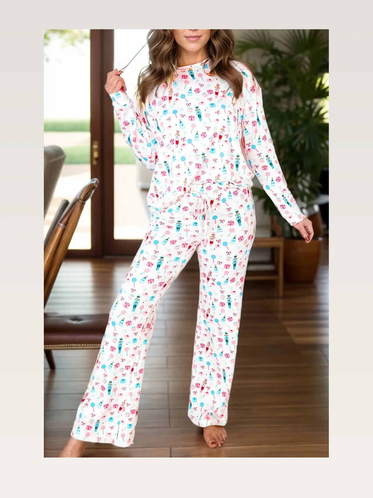 Printed Round Neck Long Sleeve Top and Pants Lounge Set — styled showcase — Livostyle