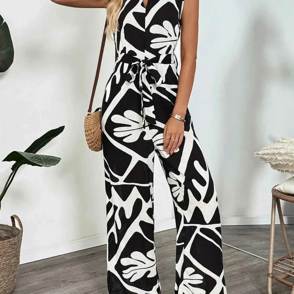 Printed Sleeveless Wide Leg Jumpsuit — square view — Livostyle