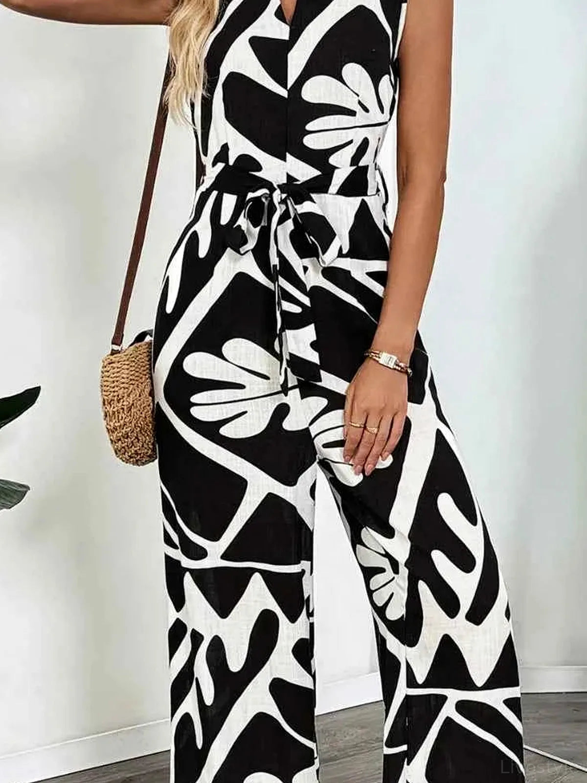 Printed Sleeveless Wide Leg Jumpsuit — detail view — Livostyle