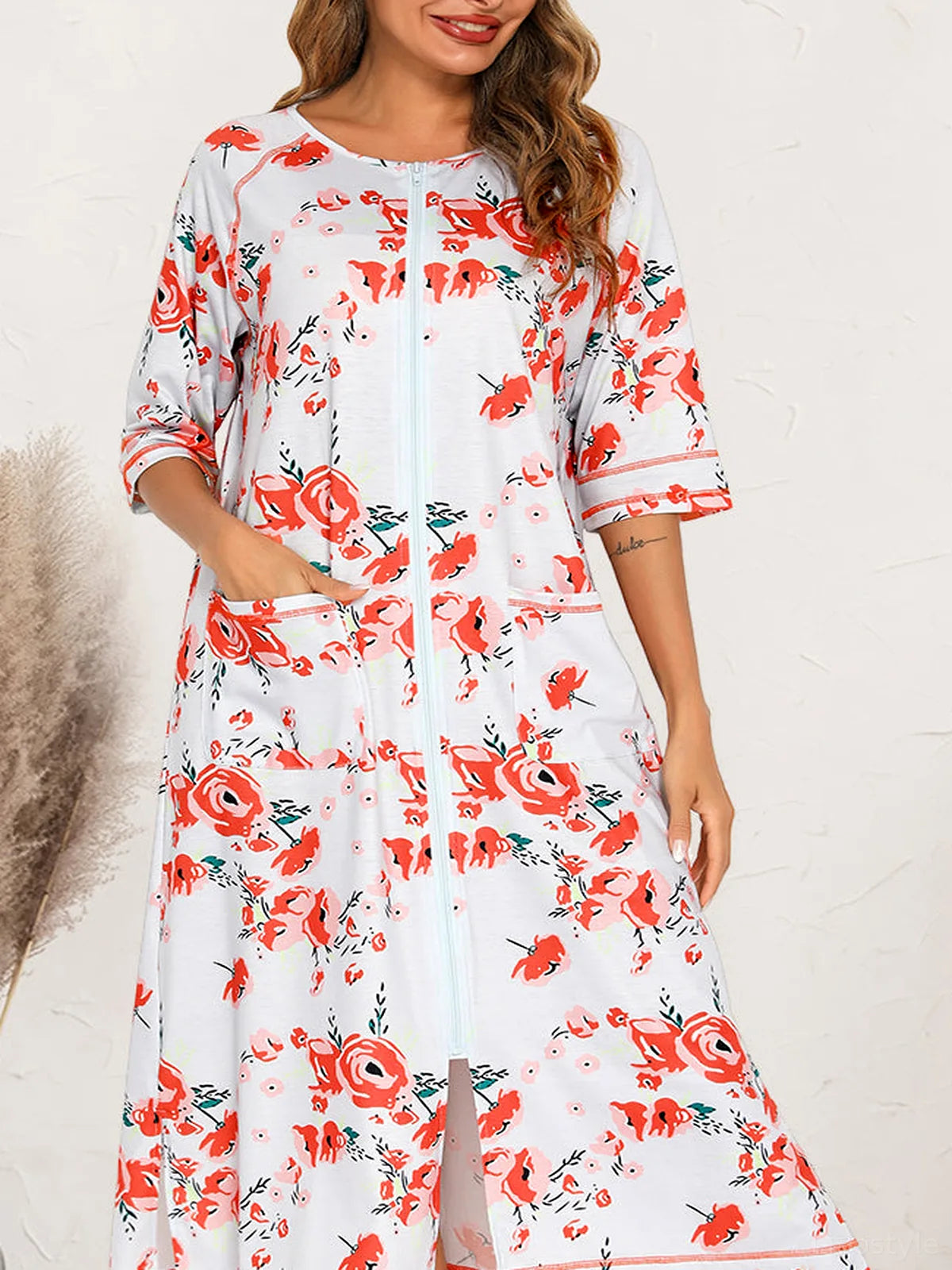 Printed Slit Night Dress with Pockets — detail view — Livostyle
