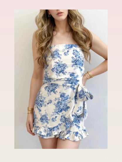 Printed Strapless Ruffle Hem Wrap Romper — styled showcase — Livostyle