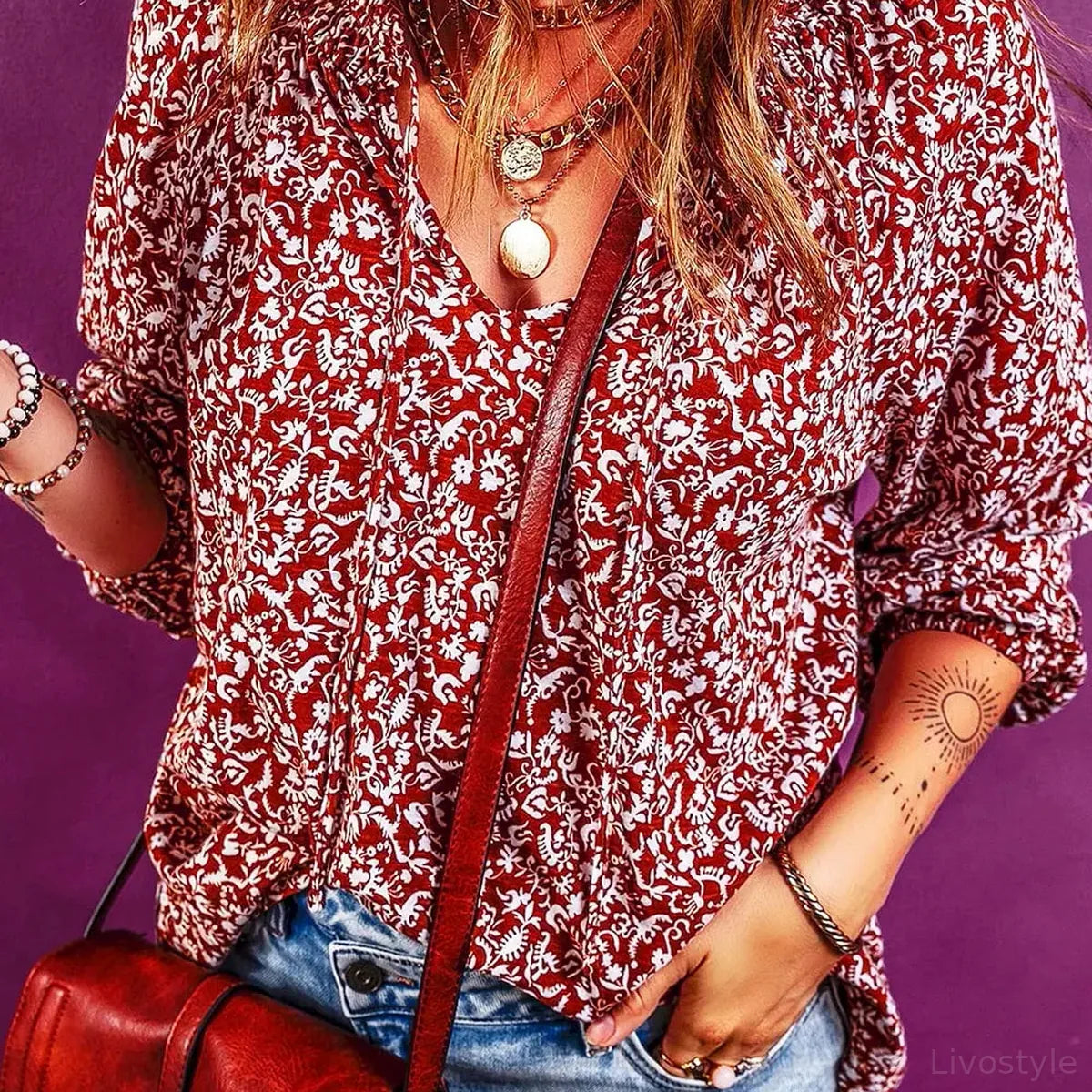 Printed Tie Neck Balloon Sleeve Blouse – full product view