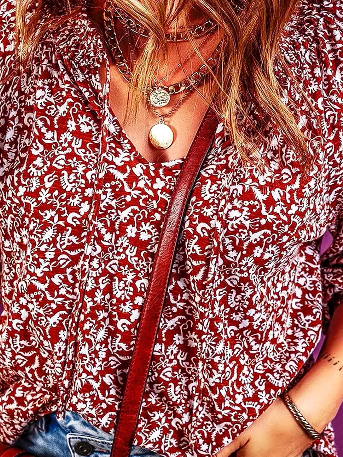 Printed Tie Neck Balloon Sleeve Blouse – fabric and detail close-up