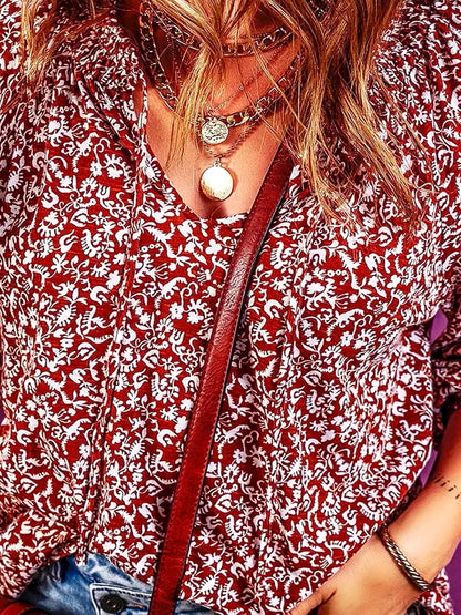 Printed Tie Neck Balloon Sleeve Blouse – fabric and detail close-up