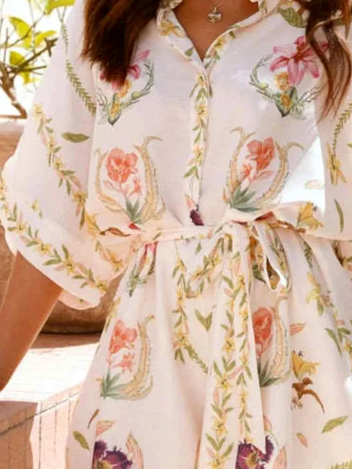 Printed Tie Waist Half Sleeve Romper — detail view — Livostyle