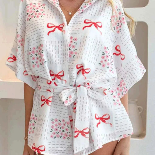 Printed Tie Waist Romper — square view — Livostyle