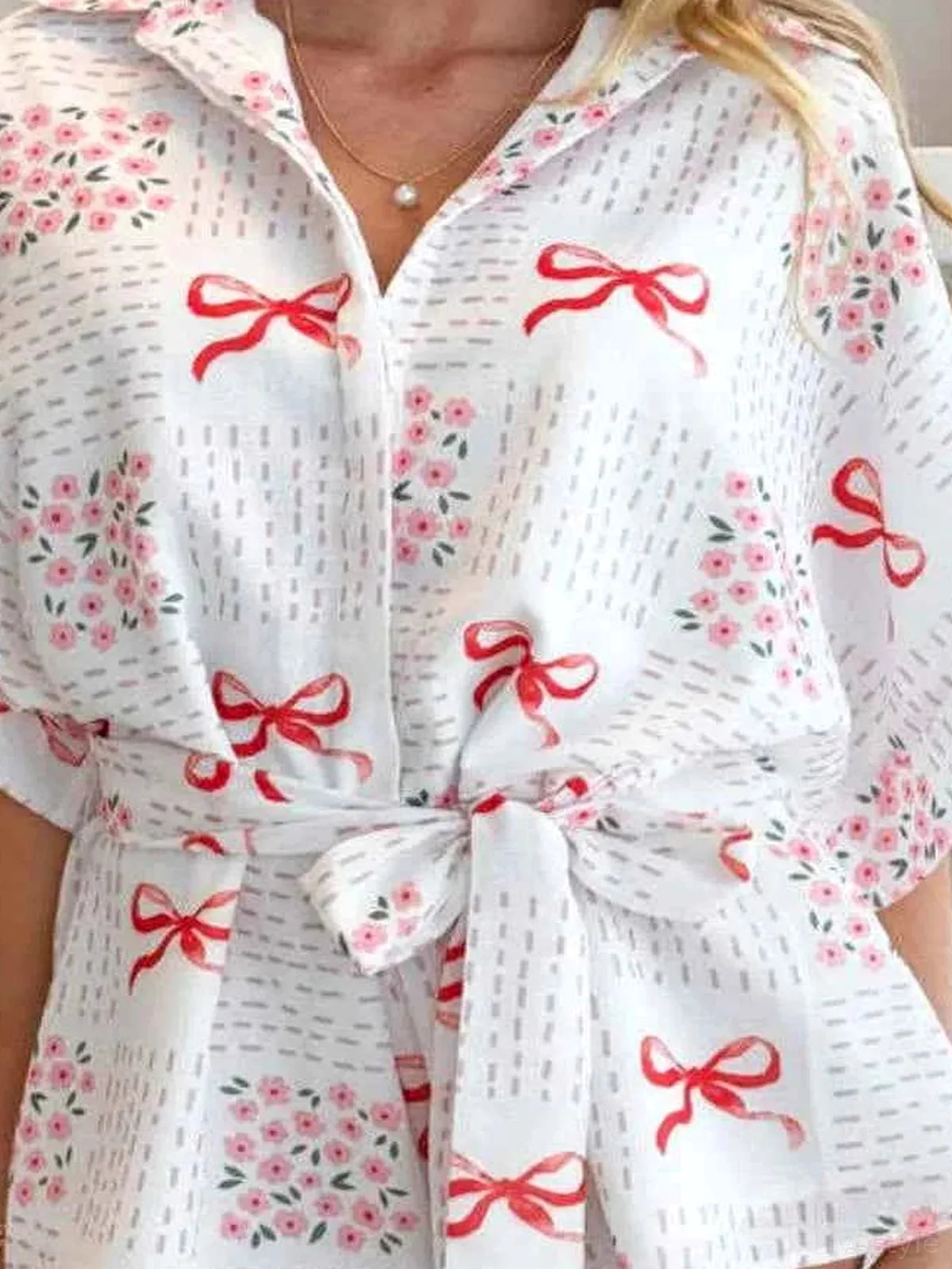 Printed Tie Waist Romper — detail view — Livostyle