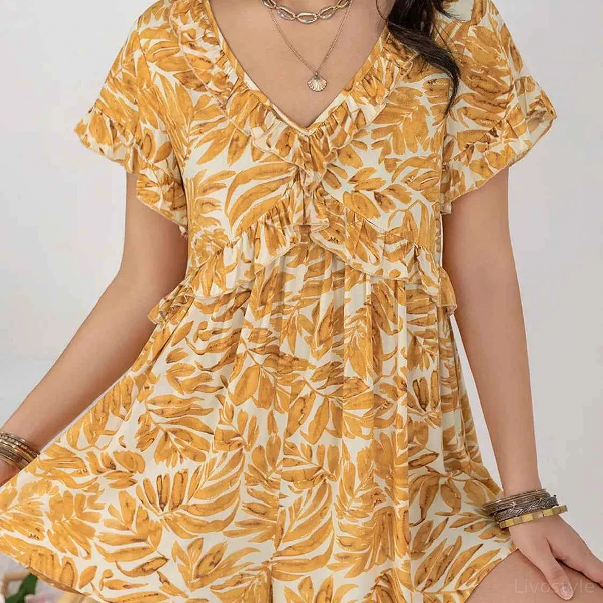 Printed V-Neck Short Sleeve Romper — square view — Livostyle