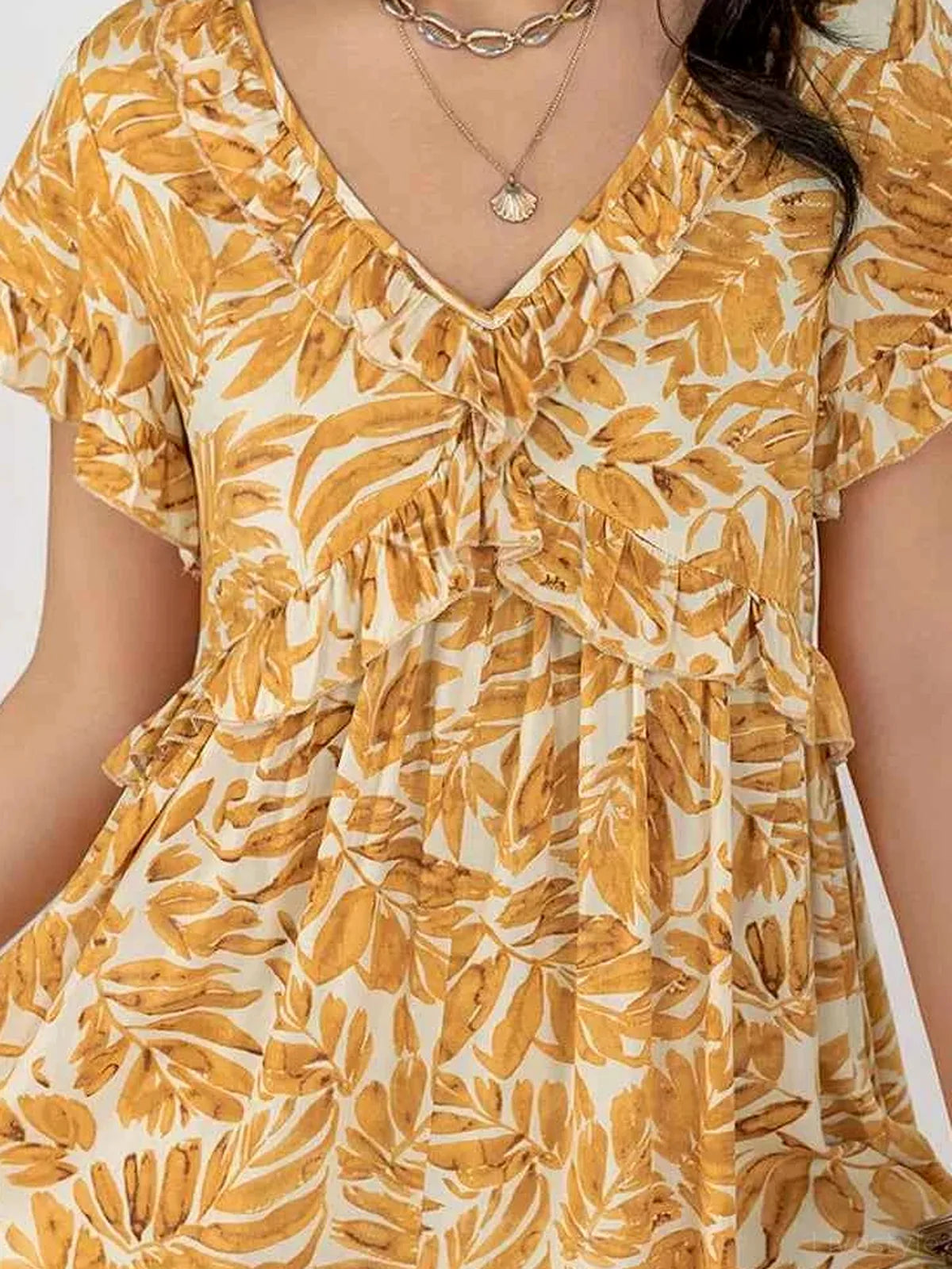 Printed V-Neck Short Sleeve Romper — detail view — Livostyle