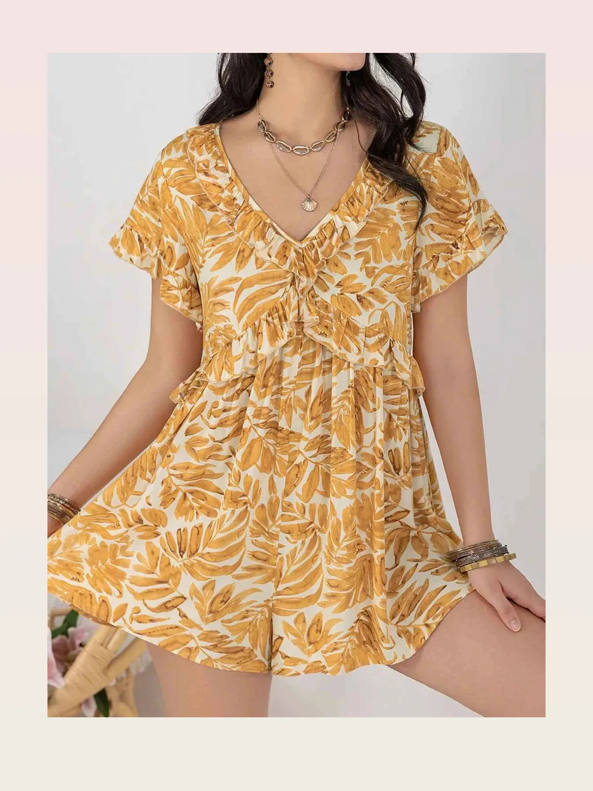 Printed V-Neck Short Sleeve Romper — styled showcase — Livostyle
