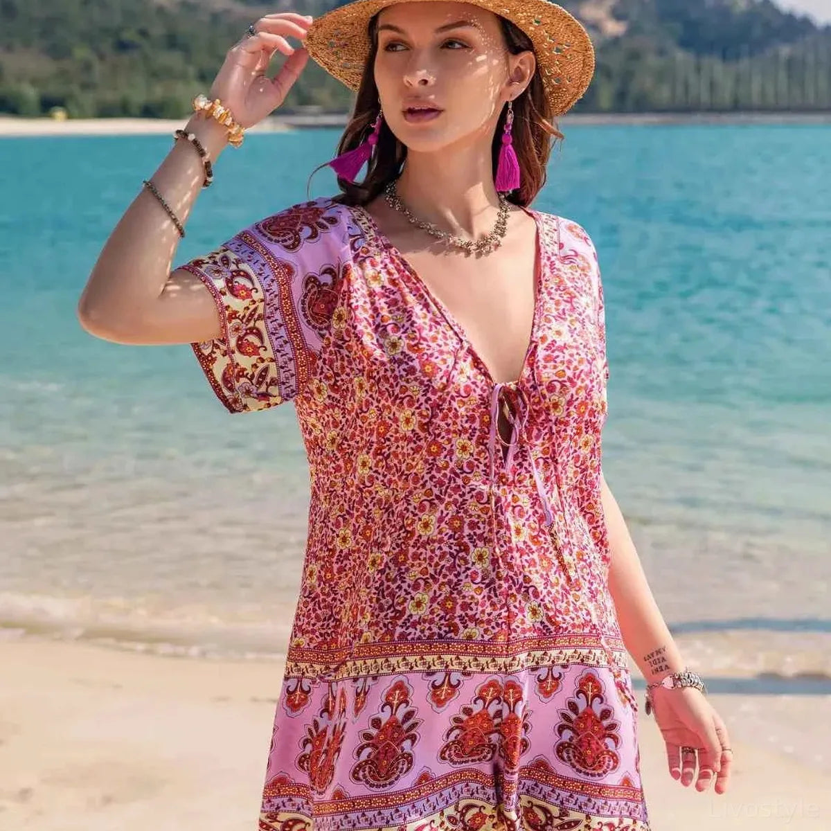 Printed V-Neck Short Sleeve Romper — square view — Livostyle