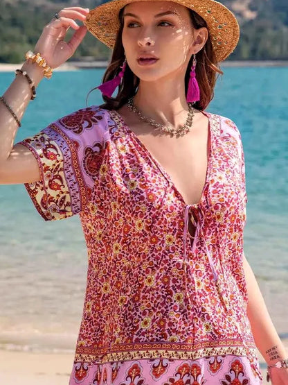 Printed V-Neck Short Sleeve Romper — detail view — Livostyle
