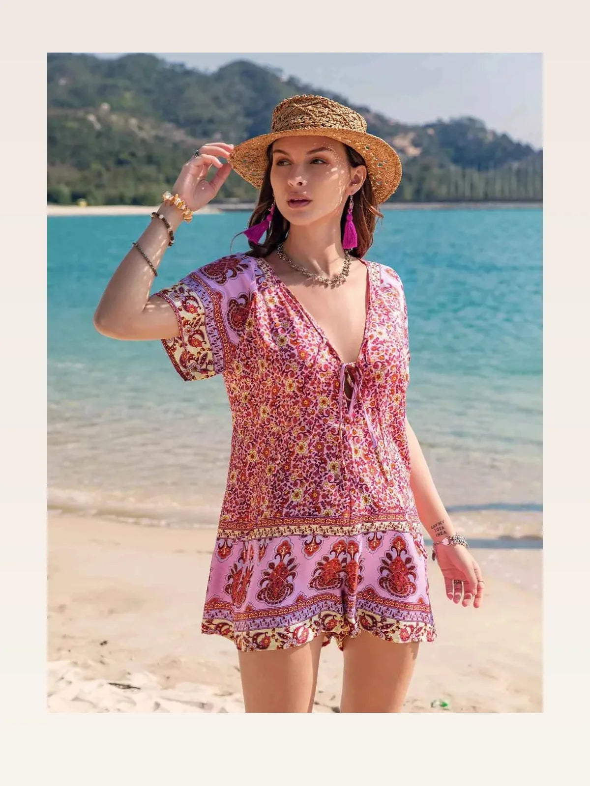 Printed V-Neck Short Sleeve Romper — styled showcase — Livostyle