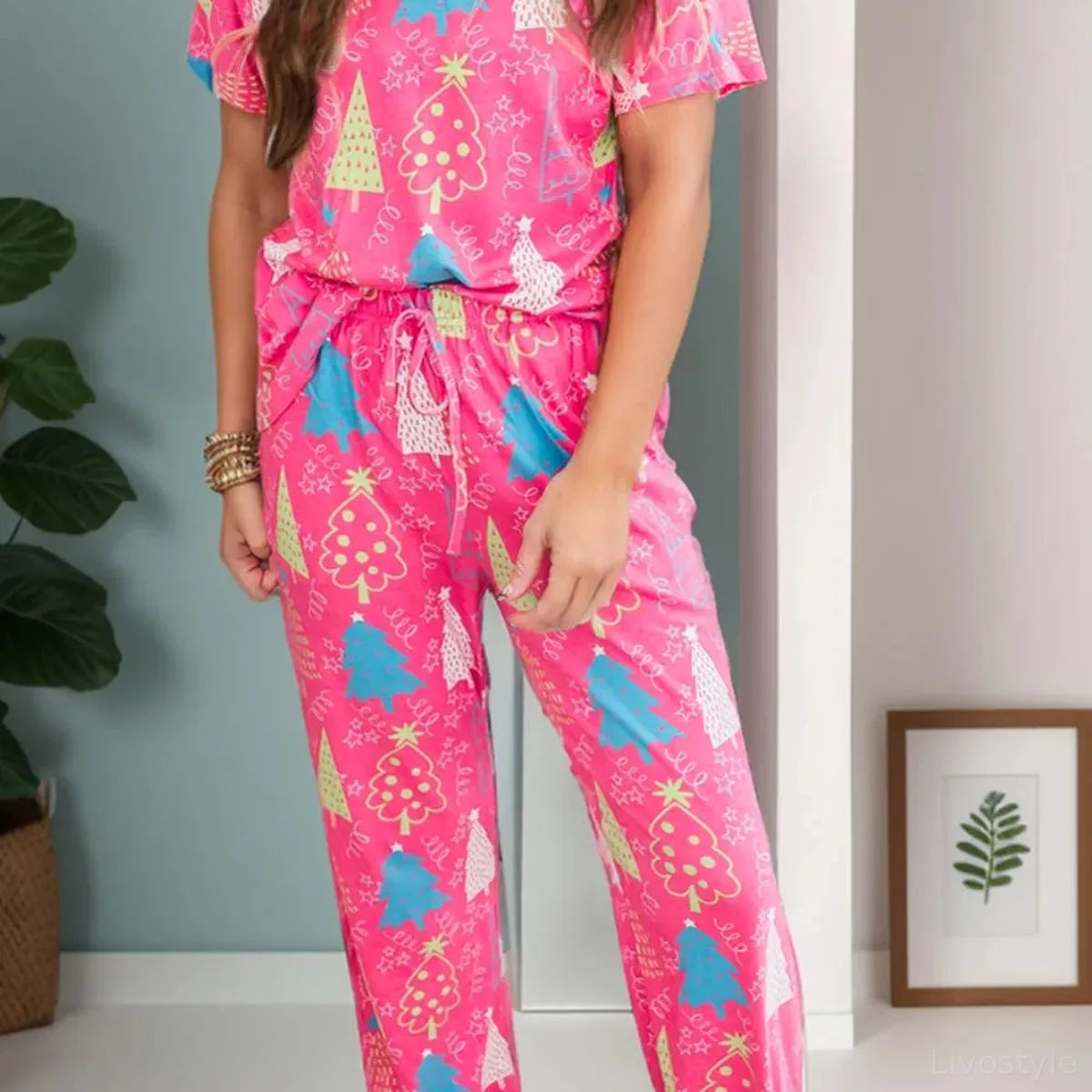 Printed V-Neck Short Sleeve Top and Pants Lounge Set — square view — Livostyle