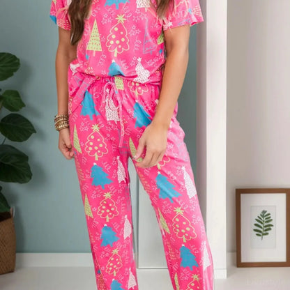 Printed V-Neck Short Sleeve Top and Pants Lounge Set — square view — Livostyle