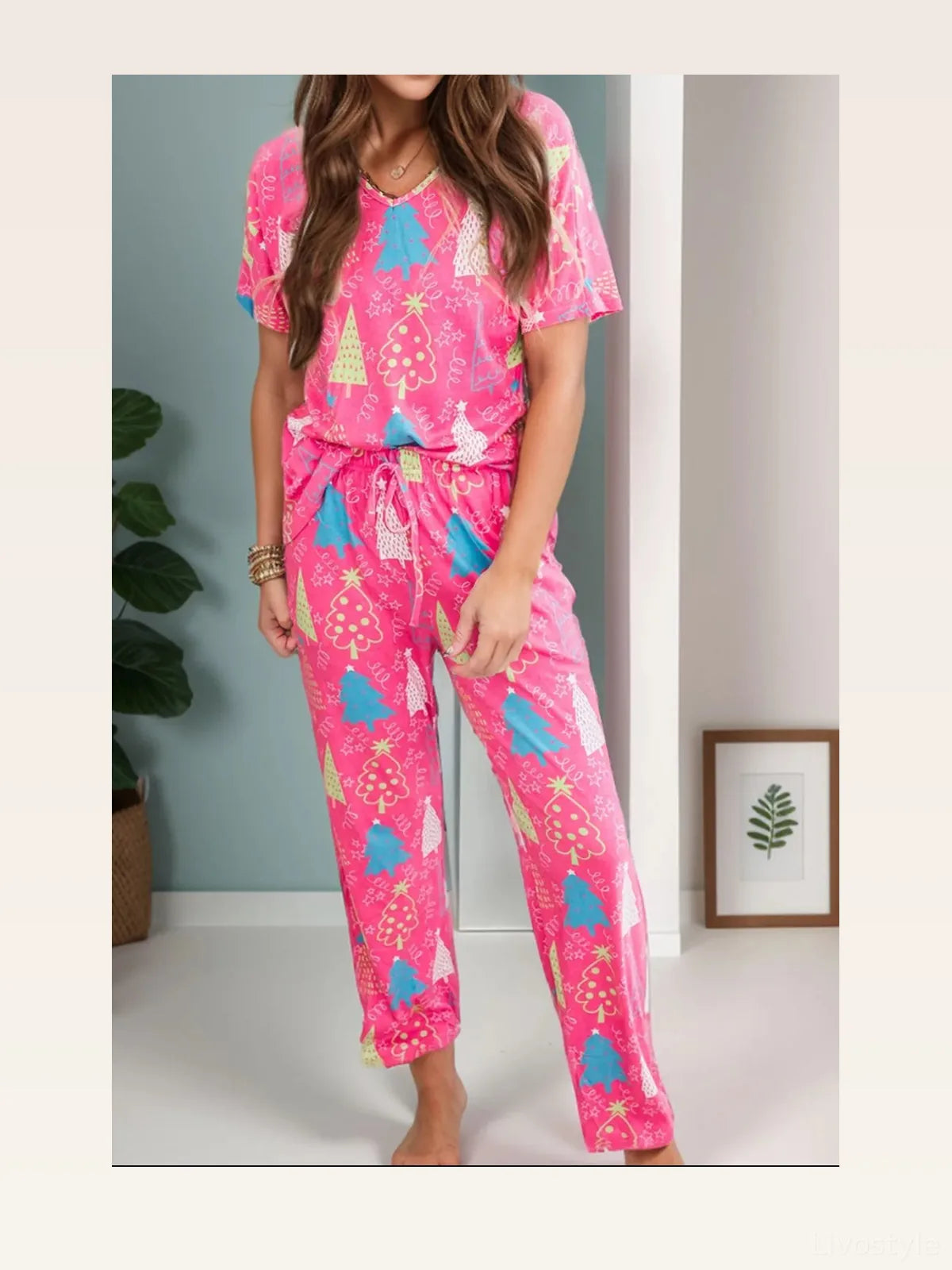 Printed V-Neck Short Sleeve Top and Pants Lounge Set — styled showcase — Livostyle