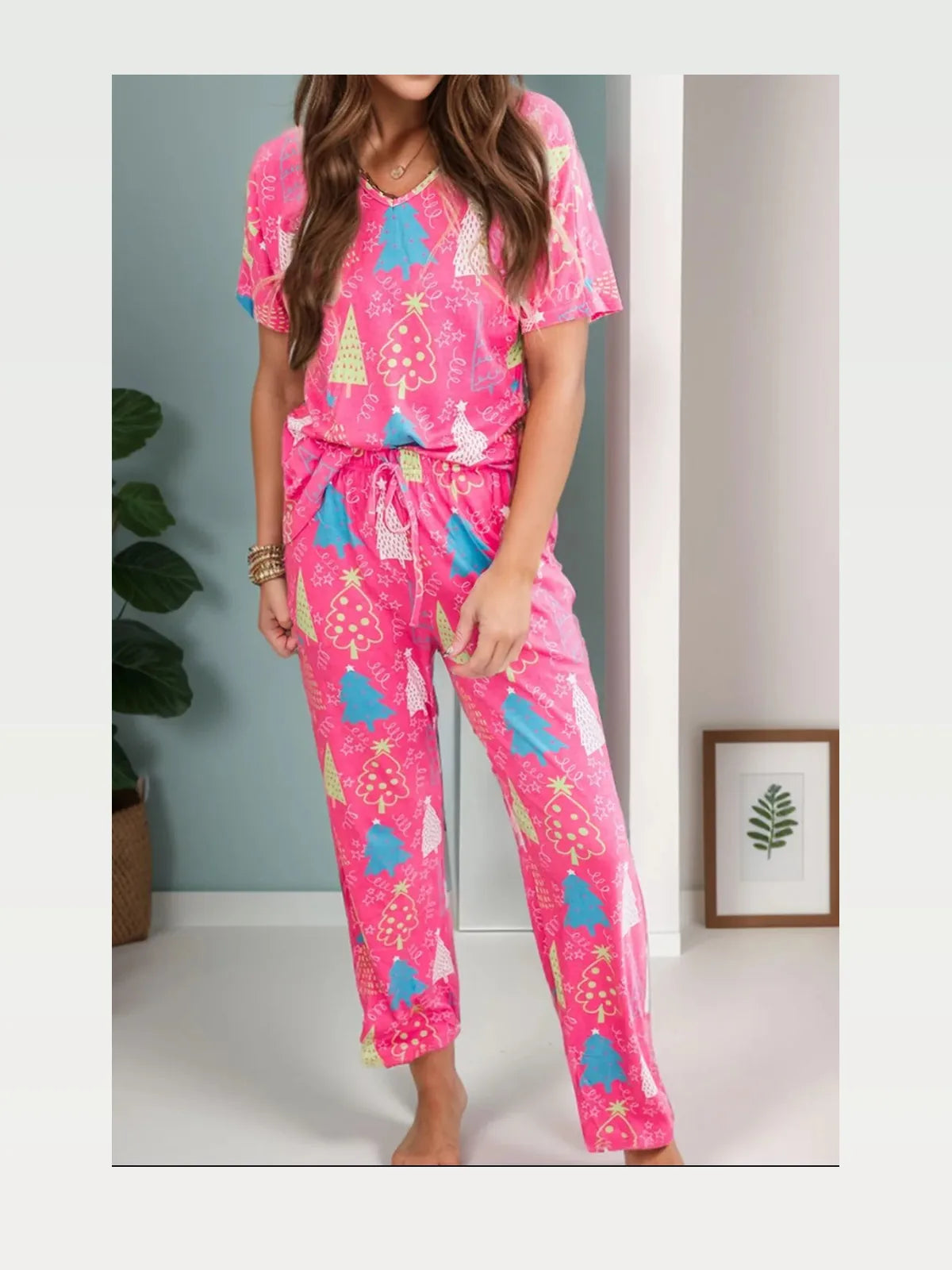 Printed V-Neck Short Sleeve Top and Pants Lounge Set — styled showcase — Livostyle
