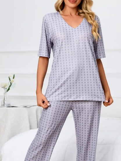 Printed V-Neck Top and Pants Lounge Set — detail view — Livostyle