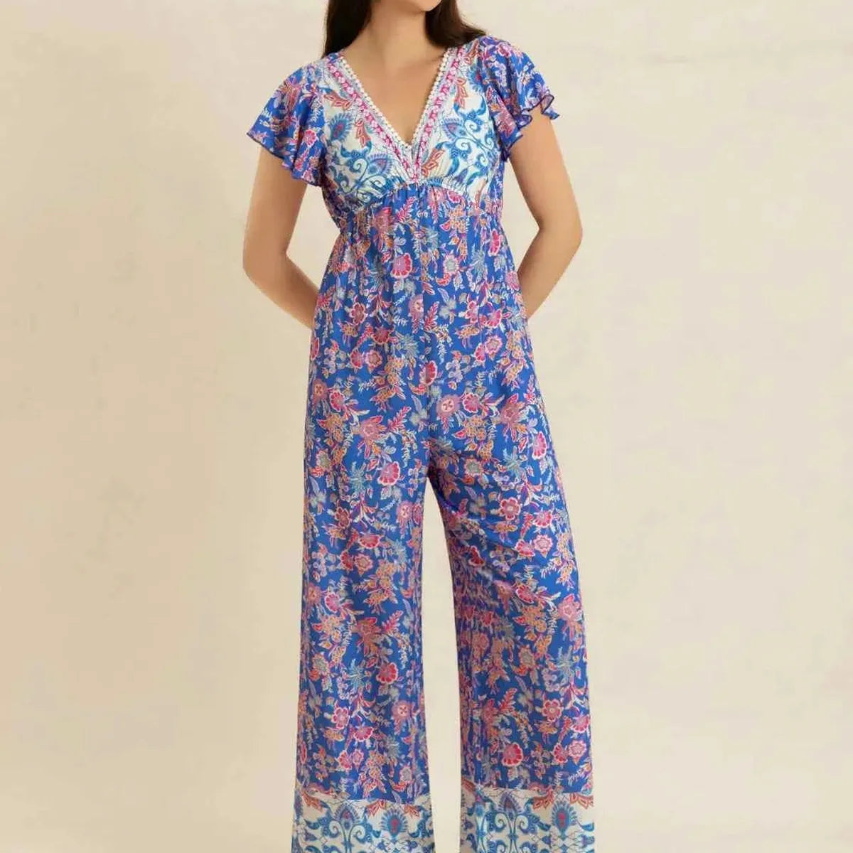 Blue Floral Print V-Neck Short Sleeve Wide Leg Jumpsuit — square view — Livostyle