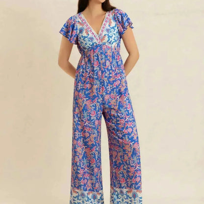 Blue Floral Print V-Neck Short Sleeve Wide Leg Jumpsuit — square view — Livostyle