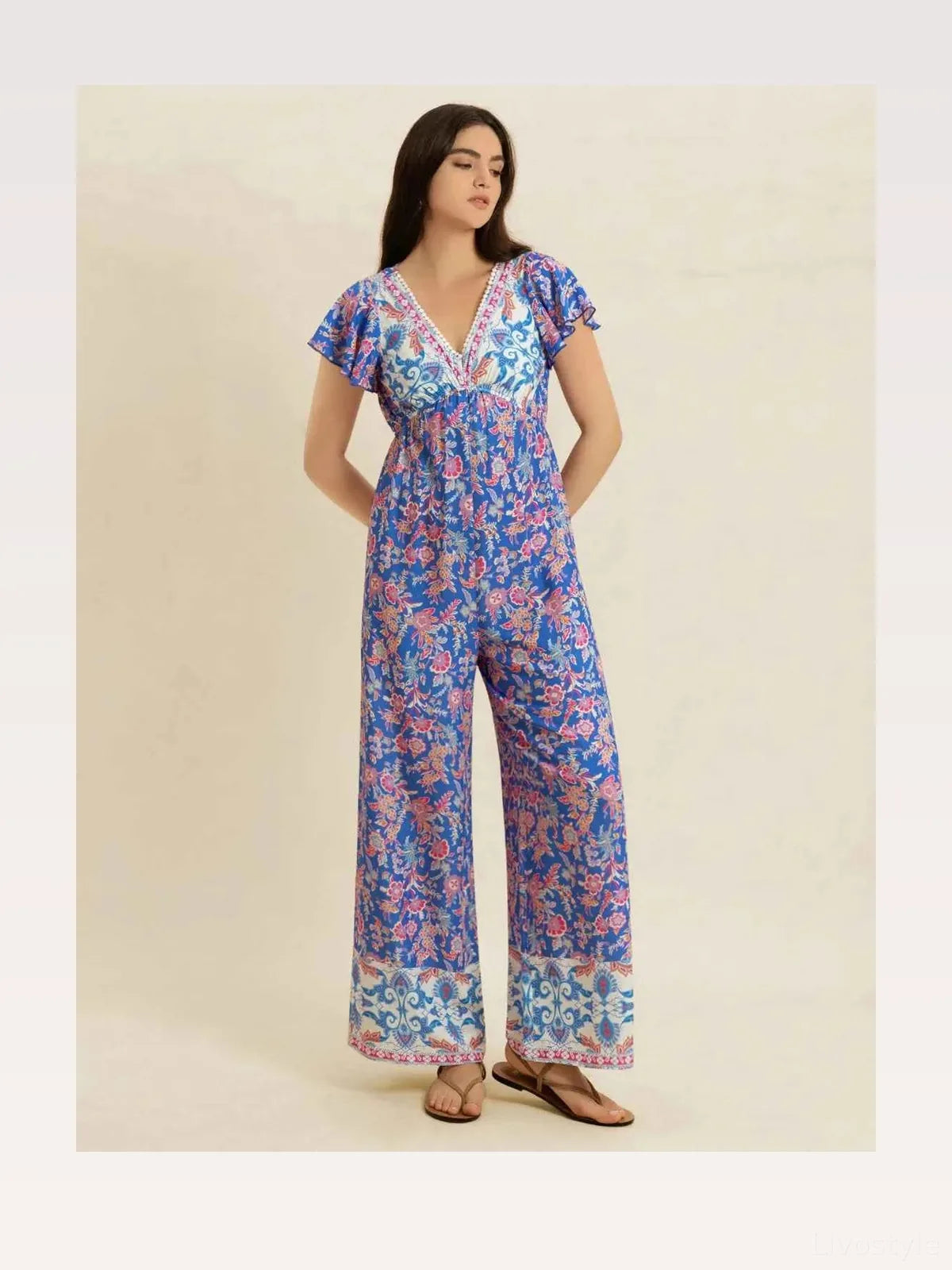 Blue Floral Print V-Neck Short Sleeve Wide Leg Jumpsuit — styled showcase — Livostyle