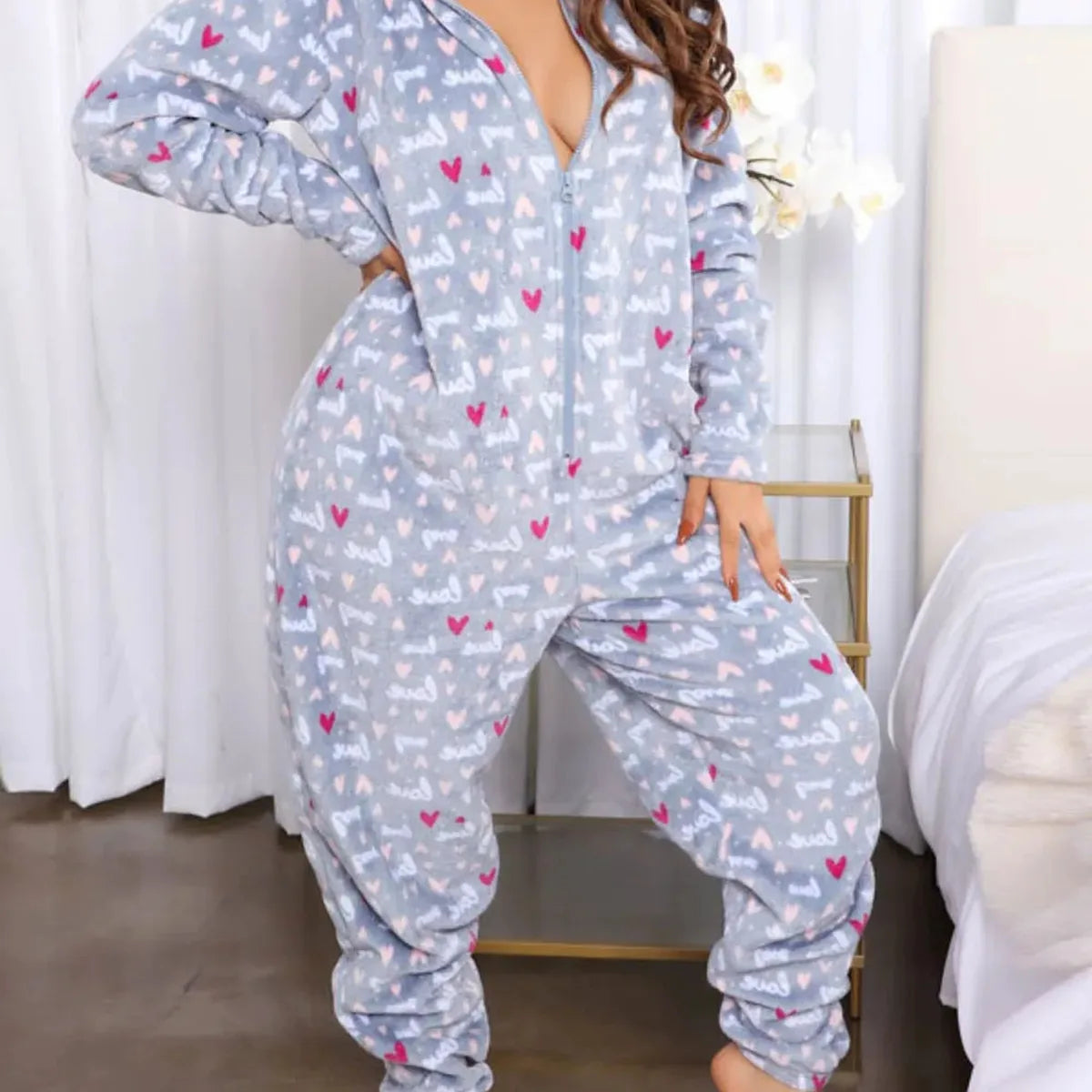 Printed Zip Up Long Sleeve Hooded Lounge Jumpsuit — square view — Livostyle