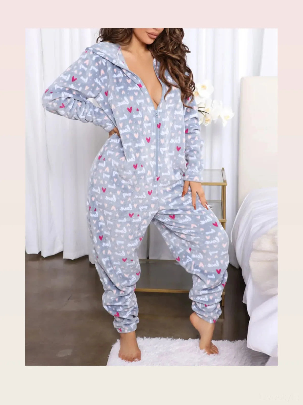 Printed Zip Up Long Sleeve Hooded Lounge Jumpsuit — styled showcase — Livostyle