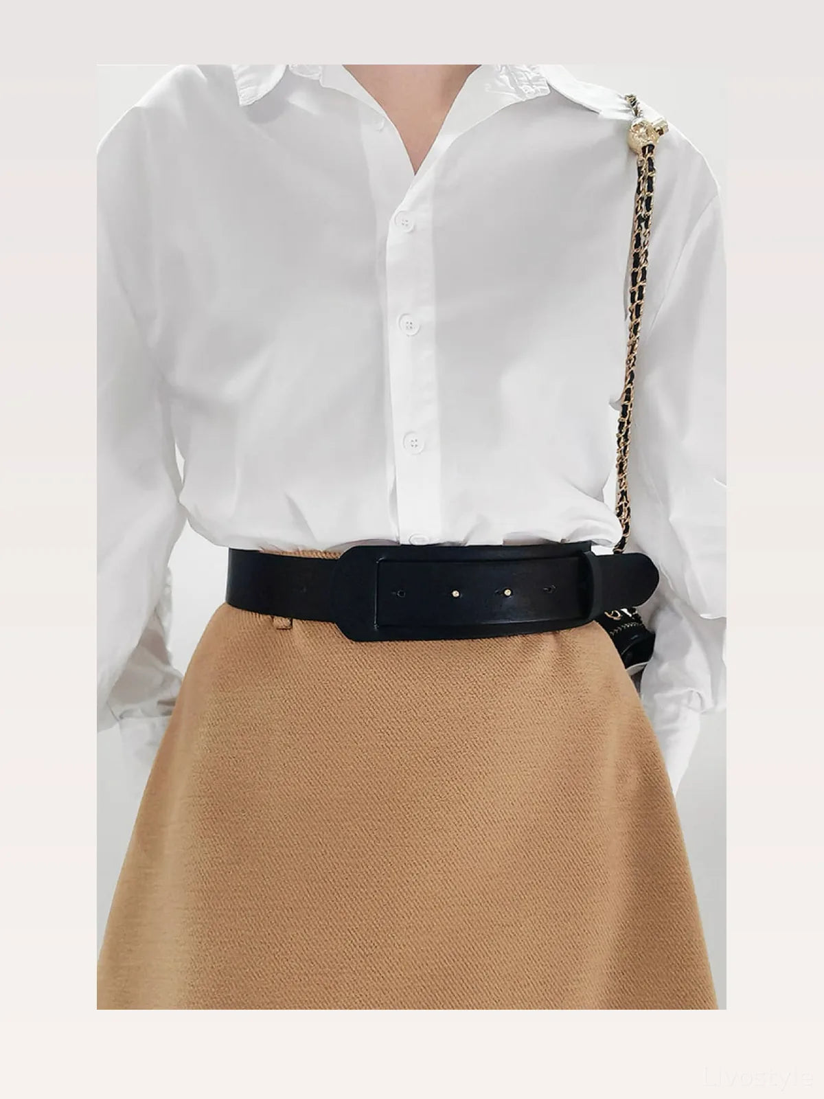 Caramel Belted A-Line PU Leather Belt — styled showcase — Livostyle