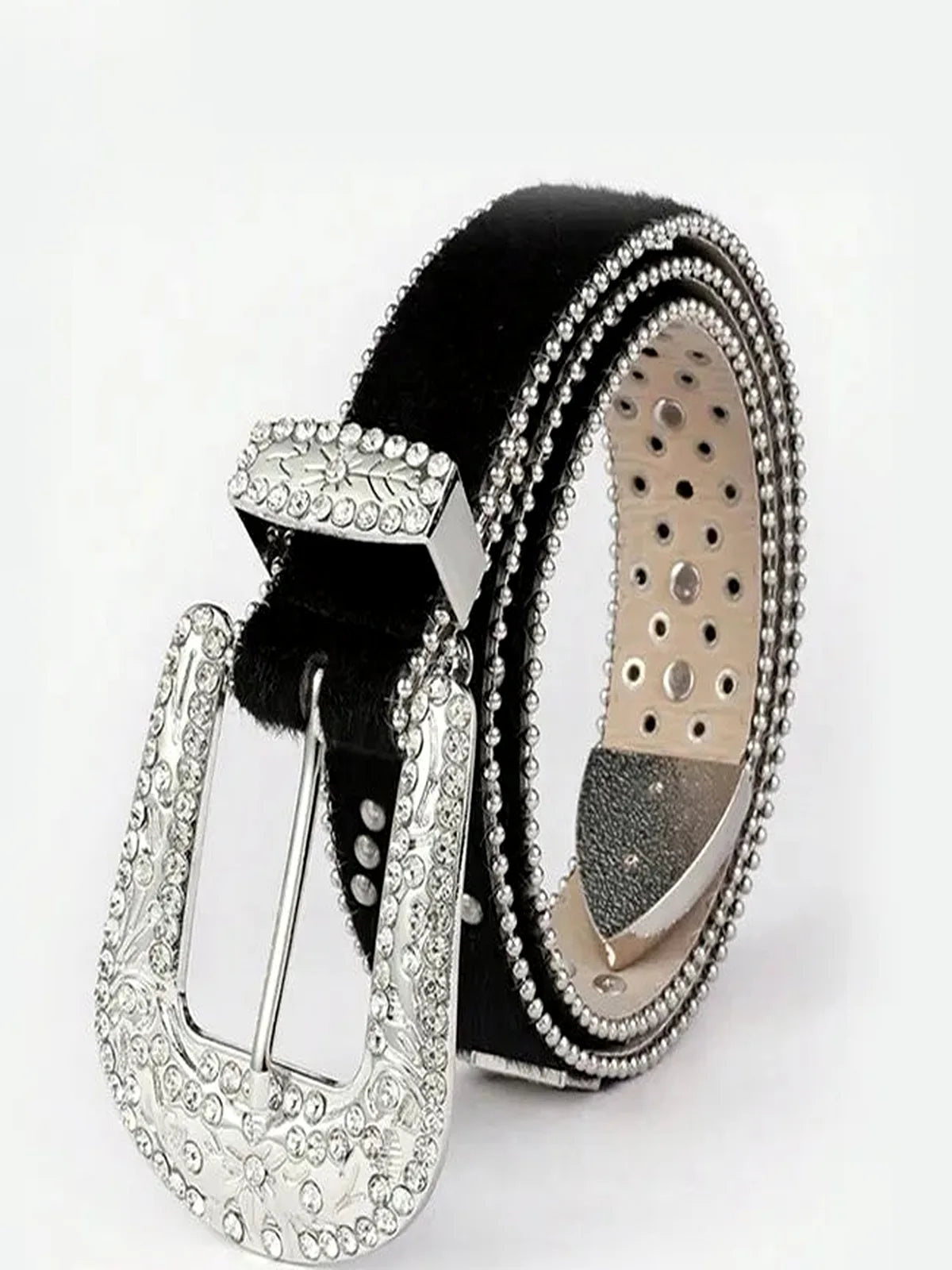 PU Leather Inlaid Rhinestone Belt — detail view — Livostyle