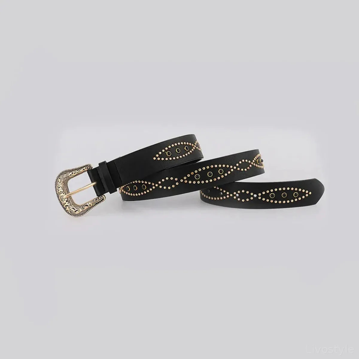 Black Gold Decorative PU Leather Rhinestone Belt — square view — Livostyle