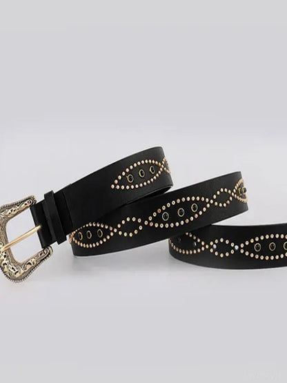 Black Gold Decorative PU Leather Rhinestone Belt — detail view — Livostyle